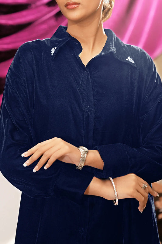Stitched Velvet Embellished Long Shirt